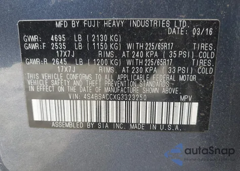 2016 Subaru Outback 2.5I Premium z USA, uszkodzony, nr VIN 4S4BSACCXG3323250